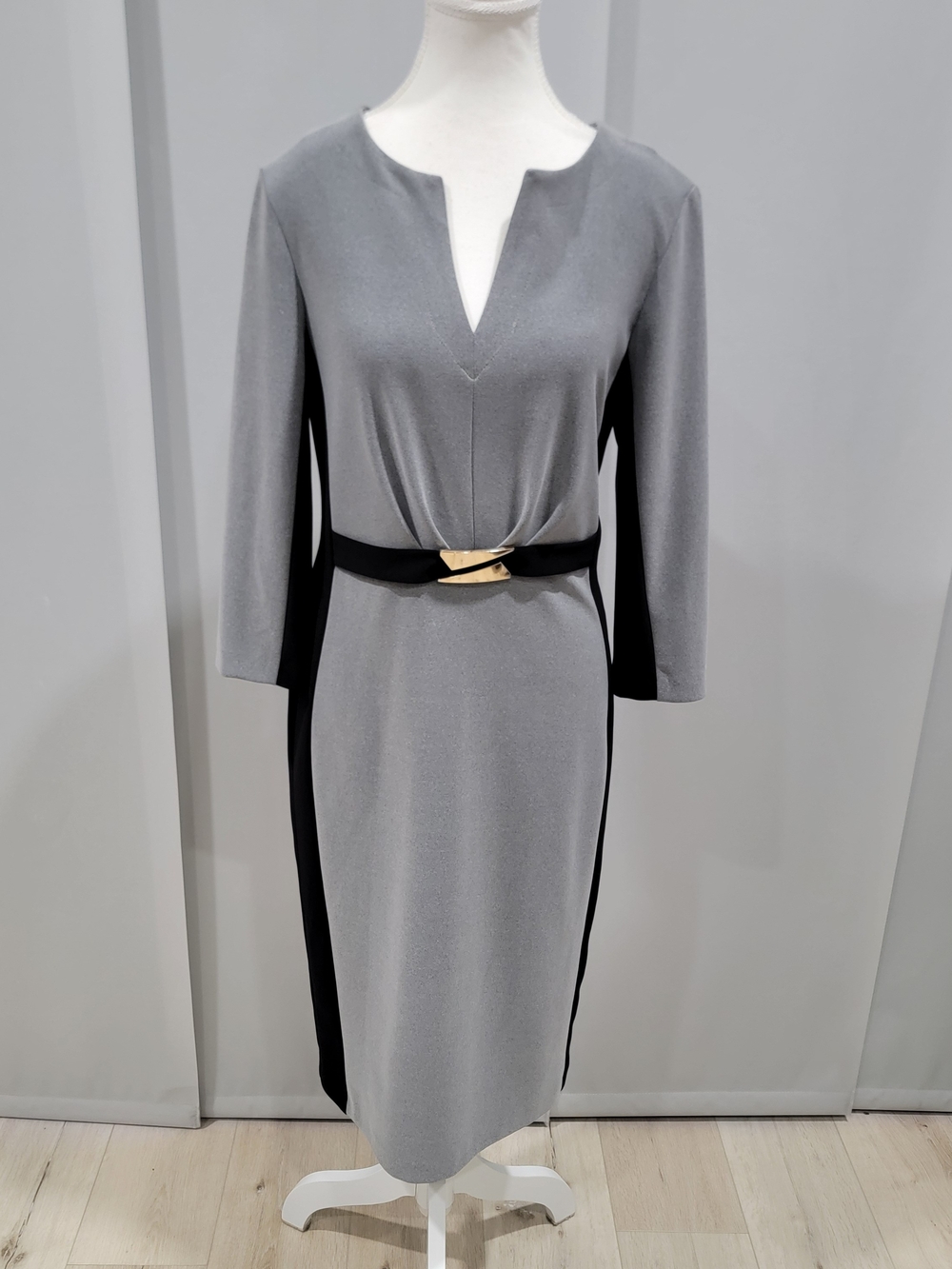 Joseph Ribkoff Gray Dress with Black Side Panels and Gold Accent